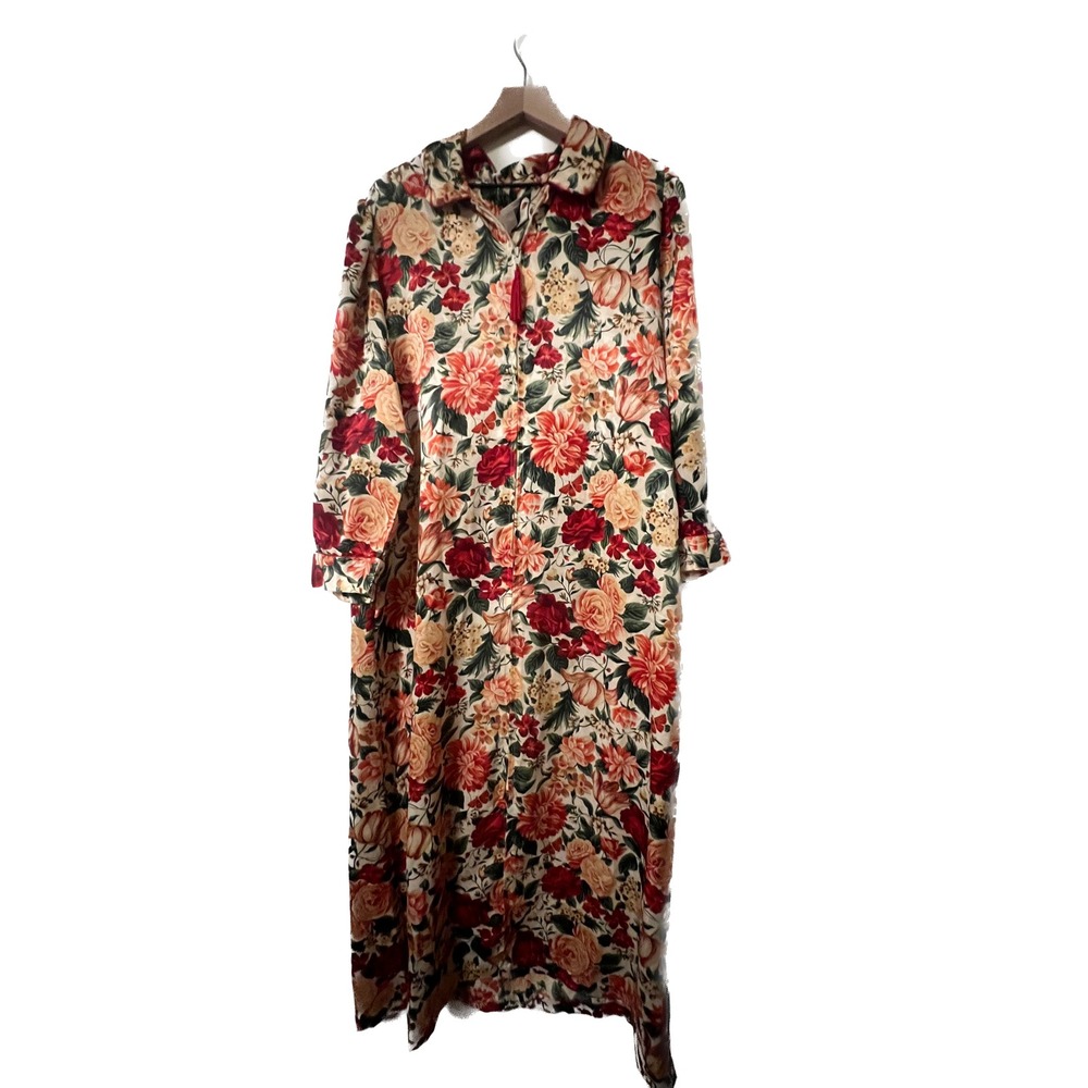 Eve Stillman Vintage Floral Maxi Robe Zip Front Tassel Duster Red Orange Large